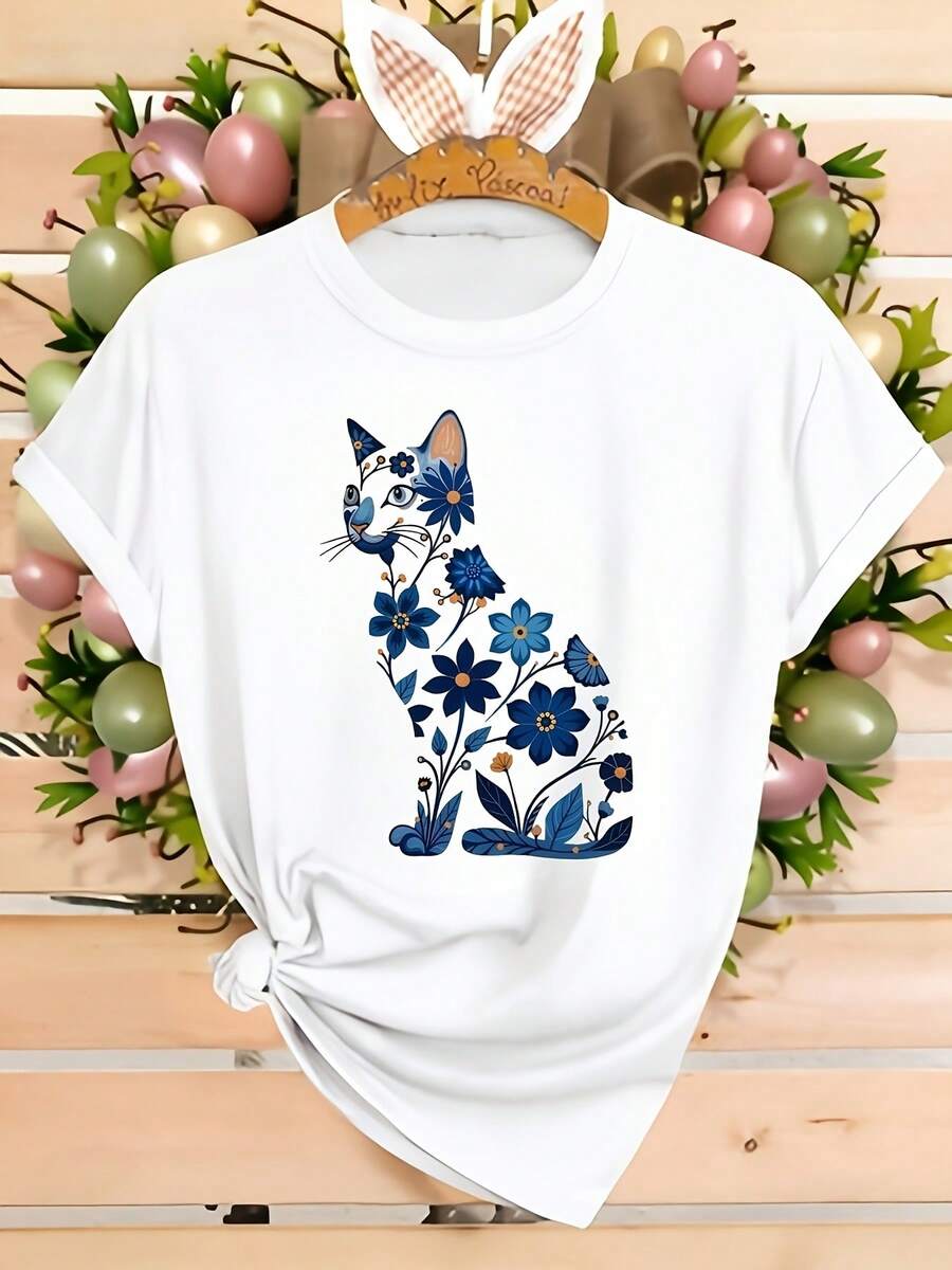 Women's Stylish And Fashionable Casual Sporty Top With A Floral Cat Print, Perfect For Spring, Summer, And Fall. Soft And Comfortable, This Short-Sleeved Crew Neck T-Shirt Is Available In Sizes S-XXL. It Features A Comfortable Fit, Durable Construction, And A Stylish Print Design. Suitable For Everyday Wear, It's , Loose-Fitting, Popular, And Comfortable. Casual, Stylish, And Sporty, It Looks Great Whether Worn Alone Or Layered. Easily Captures The Essence Of Fashion. . - 白色 - 查看 1