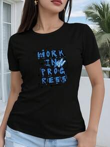 ¡Oferta por tiempo limitado, unidades limitadas,  relámpago! Camisas casuales para mujer, camisetas de poliéster para mujer, camisas elegantes. Camiseta de manga corta para mujer, ajuste regular - Diseño creativo con estampado gráfico geométrico 2D "WORK IN PROGRESS", cuello redondo casual, apta para todas las estaciones, disponible en varios colores y tallas, moda festiva, estética vintage, material transpirable, estampado divertido - Negro - Ver 7