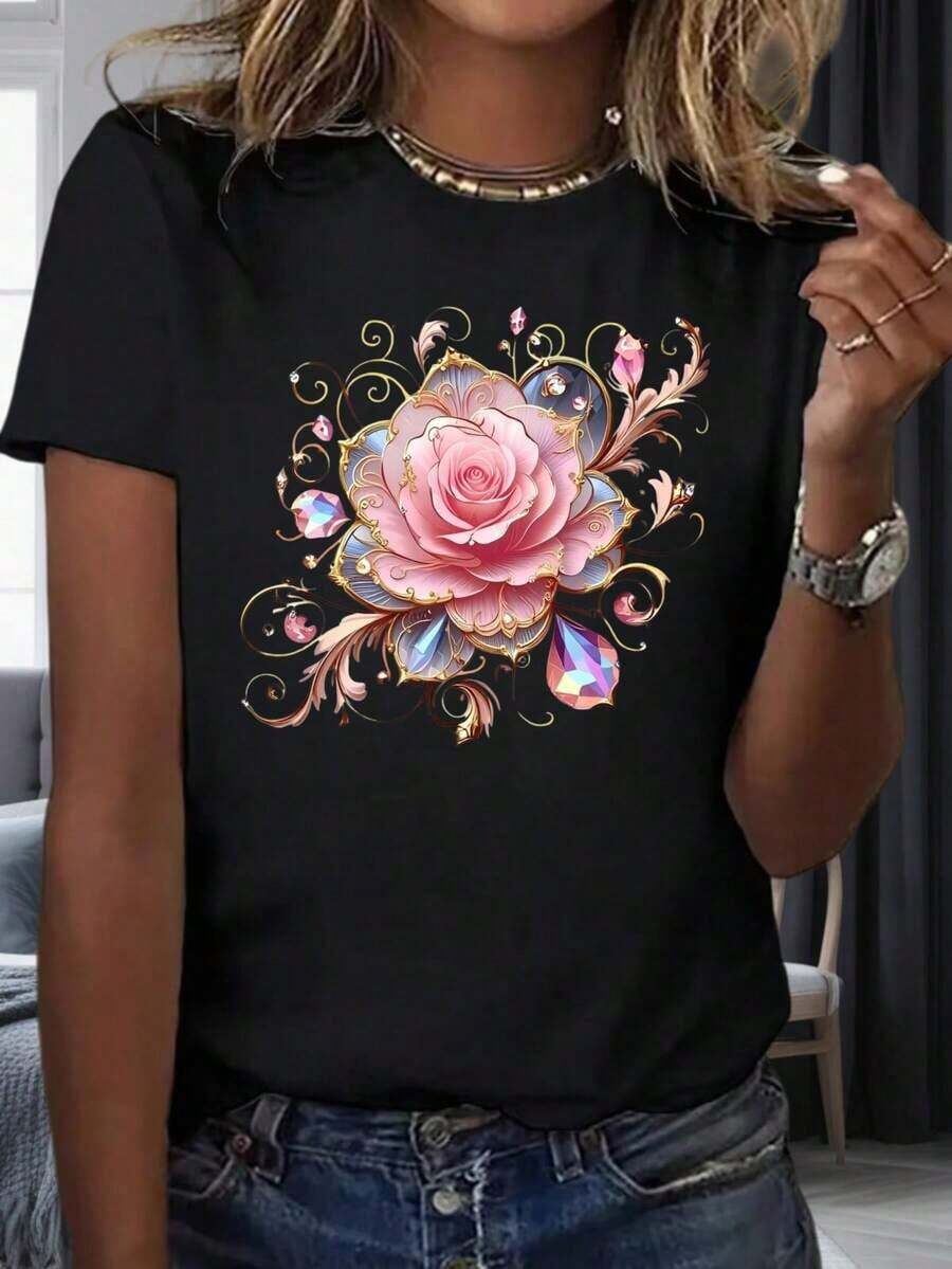 Limited Time Offer, Limited Quantity Available, Lightning, Women's Shirts, Women's T-Shirts Women's T-Shirt With Rose Floral Print, Adorned With Crystals, Casual And Elegant Top, Valentine's Day Gift. - 黑色 - 查看 1