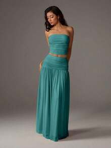 Unity Conjunto de 2 piezas de top corto de bustier de malla de unicolor y falda larga para mujer - Azul cadete - Ver 3