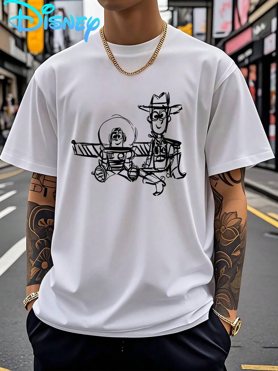 1pc Disney Men's Toy Story T-Shirt - Woody & Buzz Lightyear Graphic Tee With Toy Story Characters, Lightweight Breathable Summer Shirt For Casual Wear, Parties, Gifts (Official Toy Story Merchandise)Unisex, Couple Shirts, Excellent Gifts. Unisex, Couple Shirts, Excellent Gifts. - White - View 1