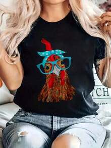 Impala Camiseta Oversize para Mujer con Diseño de Gallina con Pañuelo y Gafas, 100% Algodón, Transpirable y de Ajuste Cómodo, Manga Corta y Cuello Redondo para Todas las Temporadas - Negro - Ver 10