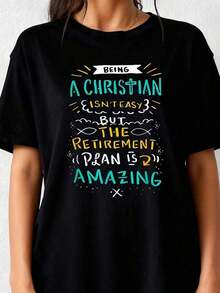1 pcsWomen'S Funny Christian Retirement Plan T-Shirt - Soft Stretch 100% Oversized Comfort Fit, Humorous Faith-Based Retirement Age Design With Colorful Lettering & Bible Verse (Psalm 23 1-2), Machine180g Algodón 100% - Negro 1 - Ver 1