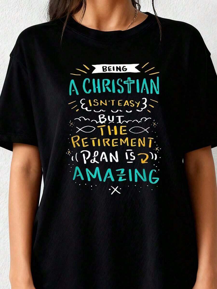 1 pcsWomen'S Funny Christian Retirement Plan T-Shirt - Soft Stretch 100% Oversized Comfort Fit, Humorous Faith-Based Retirement Age Design With Colorful Lettering & Bible Verse (Psalm 23 1-2), Machine180g Algodón 100% - Negro 1 - Ver 1
