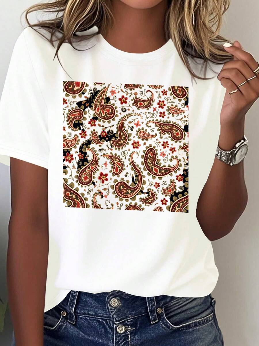 Camiseta cómoda de color sólido con estampado floral de paisley brillante para mujer, blusas para mujer - Blanco - Ver 1