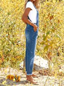 Quần yếm denim dài đến mắt cá chân, không tay, có dây đeo điều chỉnh được, ống đứng, màu xanh đậm. - Màu xanh lam - Xem 5
