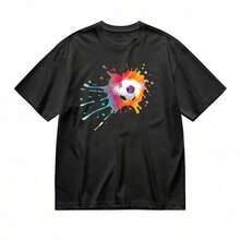 Camiseta de algodón de manga corta para hombre, cuello redondo, para aficionados al fútbol de las copas mundiales - Estampado colorido de balones de fútbol con efectos de pintura vibrantes y diseño de movimiento dinámico, camiseta unisex, camiseta Y2K, camiseta de estilo urbano. - Negro - Ver 6