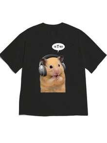 Camisetas de moda nuevas. Un regalo para el Día del Padre. Ropa para hombre. T Shirt Men Father's Day A Gift For Father2026 Spring/Summer New Drop-Shoulder T-Shirt Short Sleeve, Cute And Fun Style Hamster With Headphones And Korean Text Bubble Illustration Short Sleeve T-Shirt Cute And Fun Style Comfortable Skin-Friendly Cute And Fun Style Enthusiasts Daily Outing Sclothes That Dad Wears Clothes,Camisas para mujer, la opción perfecta para los atuendos del Día de San Valentín,camisetas gráficas divertidas para hombre, camisetas gráficas de estilo coreano,camisas para niñas, camisetas para niños. - Negro - Ver 1