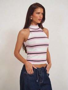 2026 : camiseta sin mangas de punto con rayas sencillas, ajustada y sexy, un básico de moda para chicas - Rosa Pálido - Ver 4
