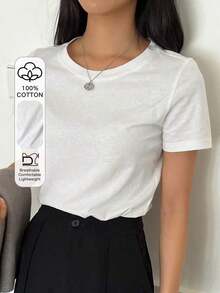 Camiseta de manga corta casual de cuello redondo de unicolor, estilo casual de negocios para mujer - Blanco 2 - Ver 1