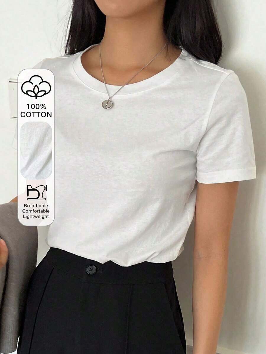 Camiseta de manga corta casual de cuello redondo de unicolor, estilo casual de negocios para mujer - Blanco 2 - Ver 1