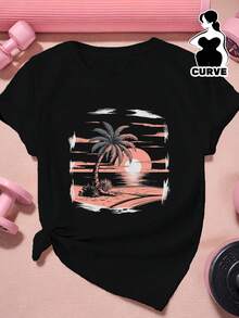 1 pieza de camiseta deportiva de manga corta para mujer, talla grande, con diseño de playa tropical, 180g, 100% algodón. - Blanco - Ver 6