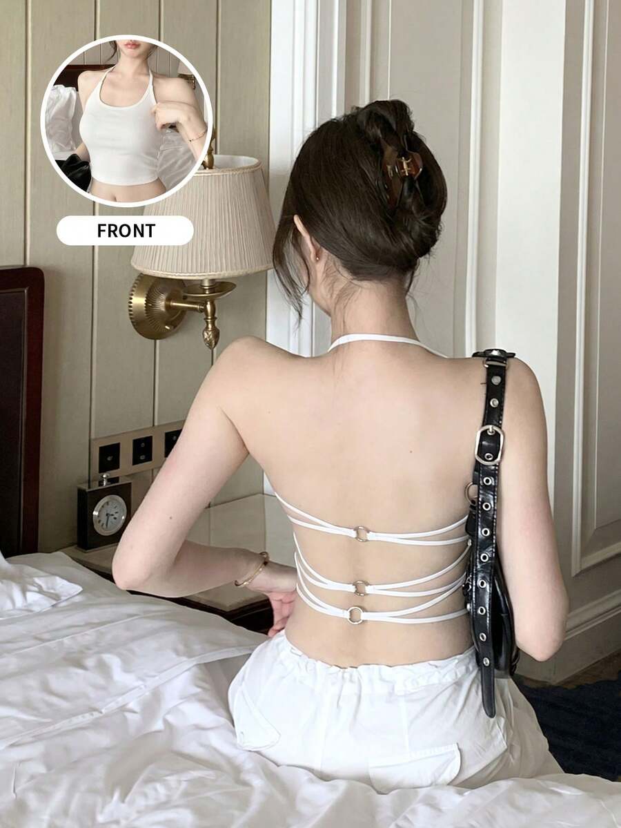 Sexy Style Black Ribbed Spaghetti Strap Crop Top, Fitted Sleeveless Camisole Casual White Summer - White - View 1