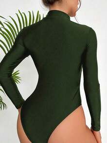 2026 Swim SPRTY Women's Minimalist Solid Color One-Piece Swimsuit With Zipper Closure, Suitable For Spring/Autumn Beach Vacation - 深綠色 - 查看 2