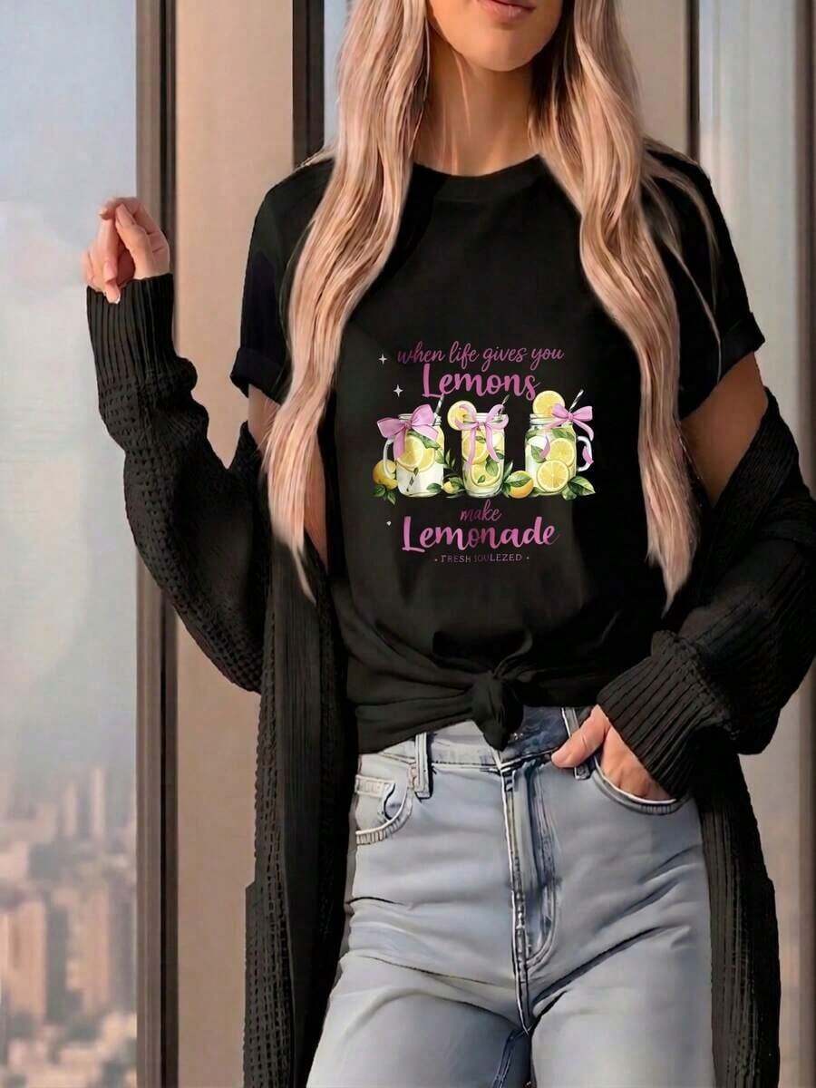 ComfortableCamiseta casual de manga corta con cuello redondo para mujer, de algodón, con estampado gráfico de limonada, largo regular, estilo moderno y hombros caídos.Fashion All-match Women's Short Sleeve T-shirt, Basic Style for Inner & Outer Wear - Negro - Ver 1