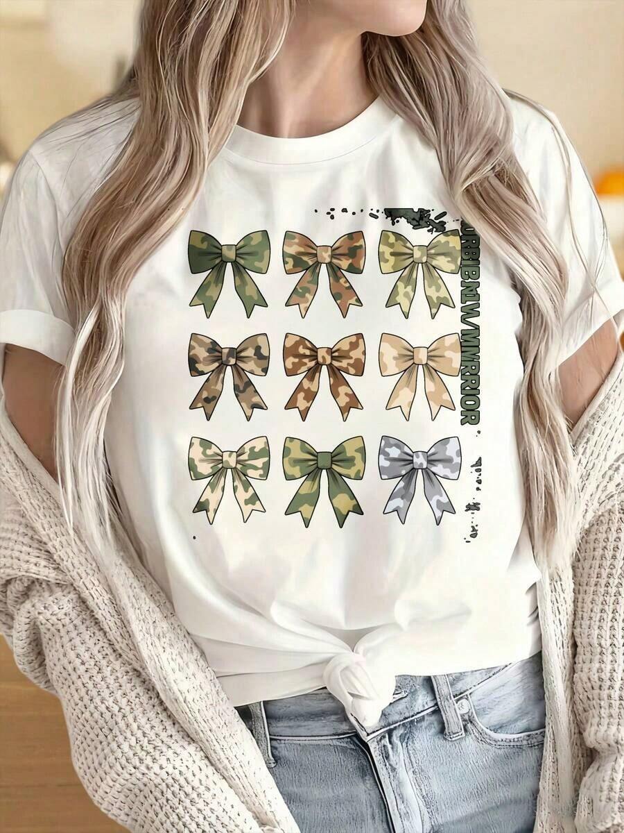 Women's And Men's Round Neck Short Sleeve T-Shirts, Camouflage Bow Print T-Shirt, Casual Short Sleeve T-Shirt For Women, Graphic Design With Military Style Bow, Fashion T-Shirt, Fun Prints Ideal For Christmas Parties, Sports Activities, Holiday Parties, Outings, Sports And Other Festive Gifts. - 白色 - 查看 1