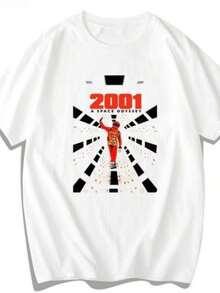 Camiseta de manga corta de algodón estampada, holgada, transpirable, estilo retro nostálgico, inspirada en la película de ciencia ficción 'A Space Odyssey' de Corea de 2001, color rojo intenso, 2025. - Blanco - Ver 7