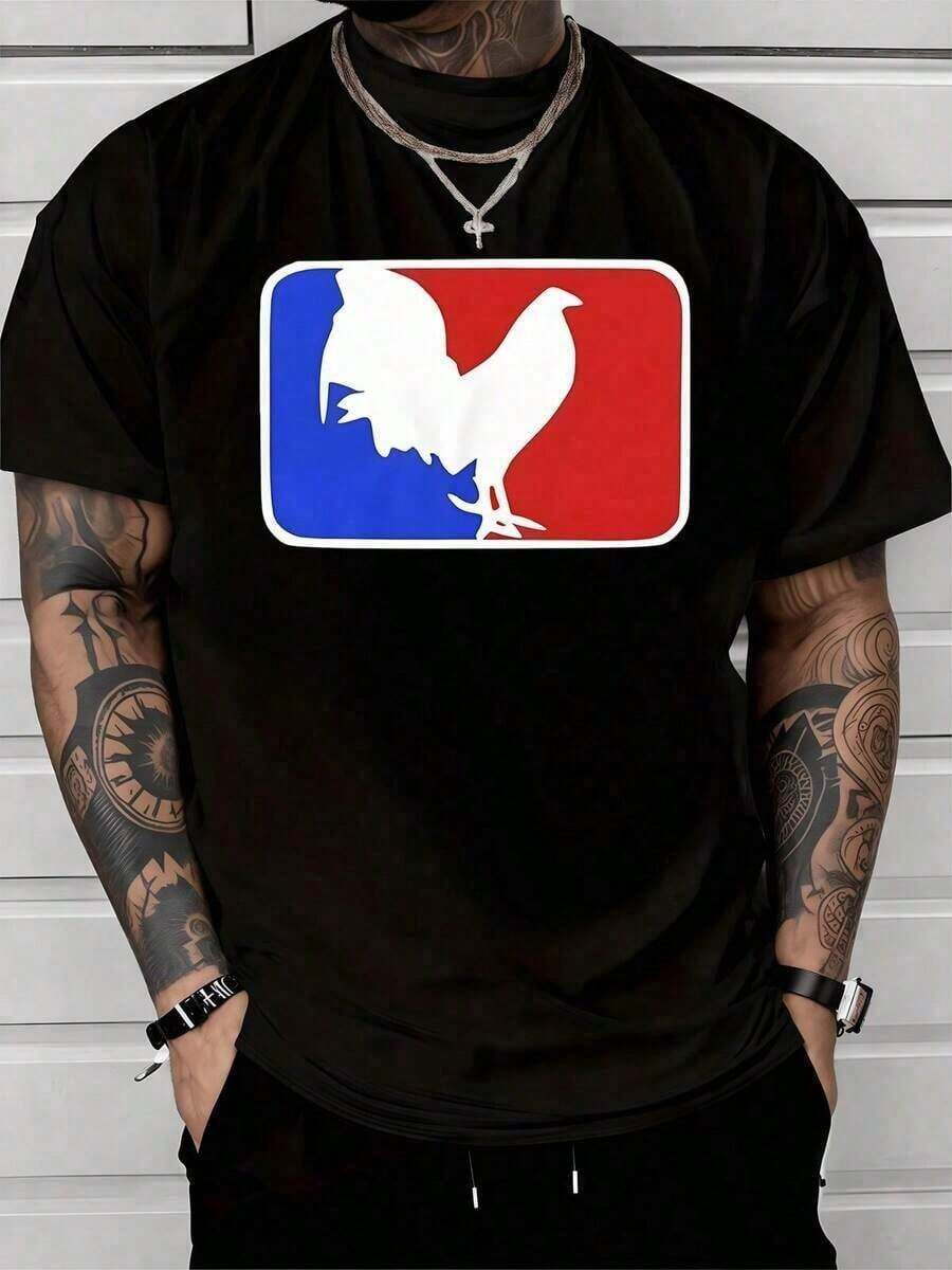 White Silhouette Of A Rooster Symbolizing Strength, Pride, And Courage Against A Blue And Red Divided Background, Inspiring Energy And Determination. Men's T-Shirt, 100% Cotton, 220g - 黑色 - 查看 1