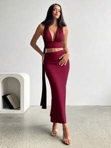 Conjunto de 2 piezas de vestido con escote en V profundo, espalda con pliegues y detalle elegante y sexy, color olivo, conjunto de verano para vacaciones en la playa para mujeres - Burdeos - Ver 6