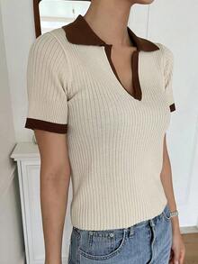 Blusa de punto acanalado con cuello de contraste, ropa de otoño - Beis - Ver 4