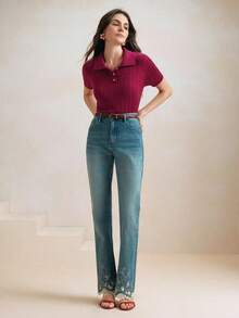 Elegante blusa de punto de manga corta con cuello polo de estilo retro chino, adecuada para el Día de San Valentín - Burdeos - Ver 6