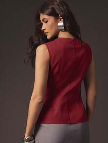 Blusa estructurada sin mangas con cremallera frontal y volante, para uso casual en la oficina - Rojo - Ver 3