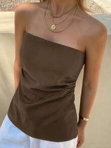 Top bandeau ajustada y fruncida de unicolor casual de verano para mujer - Café integral - Ver 4