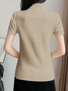 Suéter ajustado de punto de cuello alto medio, unicolor, de manga corta, para otoño e invierno, para mujer - Camel - Ver 2