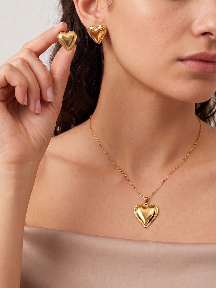 Minimalist Heart Stainless Steel Jewelry Set For Women Necklace & Earrings Set For Daily Work Date Vacation, Valentine's Christmas Gift