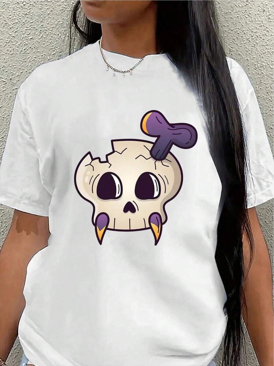 Camiseta de manga corta, ligera y duradera, con un bonito diseño de calavera. Perfecta para el hogar, cafeterías o actividades de ocio al aire libre, con detalles en morado brillante y un ajuste cómodo. - Blanco - Ver 1