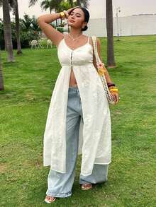 Plus Camiseta y top sin mangas de talla grande de unicolor, de longitud maxi, con textura bordada, elegante para vacaciones de verano - Blanco - Ver 6