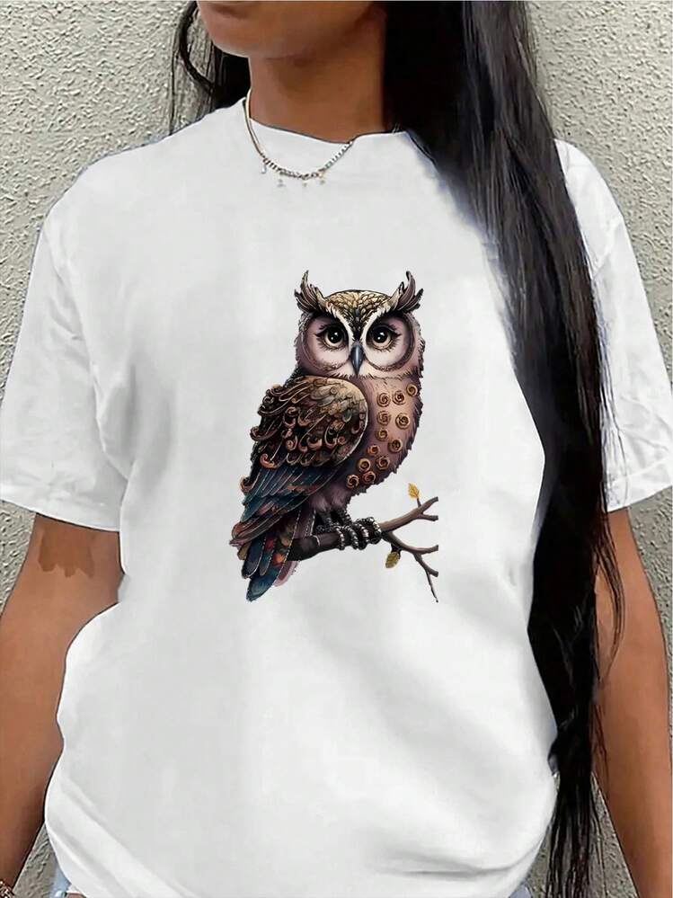Short-Sleeved Polyester T-Shirt With Owl Print, Lightweight And Durable Design, Suitable For Home, Office, Or Casual Outdoor Wear. Classic Black Fabric, Soft And Comfortable. Women's Casual Blouse - 白色 - 查看 1