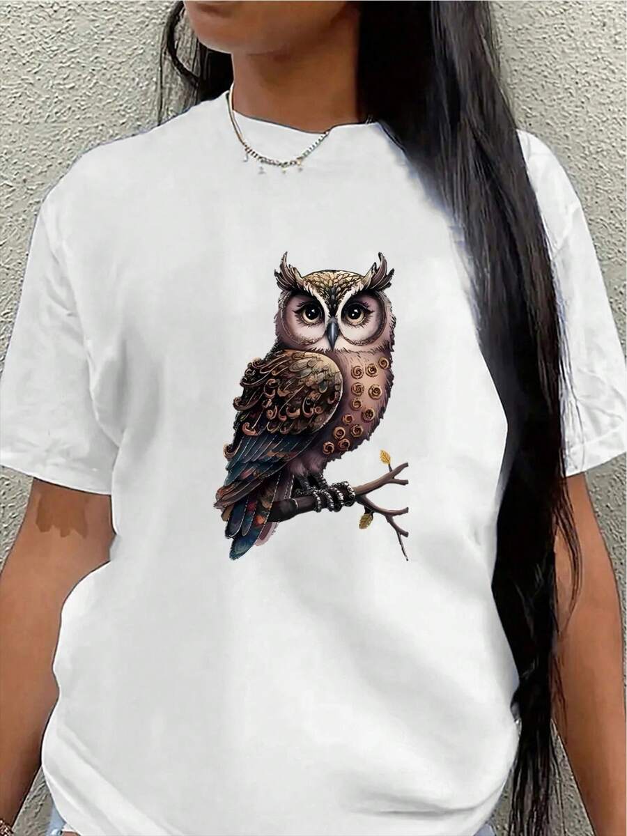 Camiseta de poliéster de manga corta con estampado de búho, diseño ligero y duradero, adecuada para el hogar, la oficina o para uso casual al aire libre, tela clásica negra, suave y cómoda.blusa casual mujer - Blanco - Ver 1