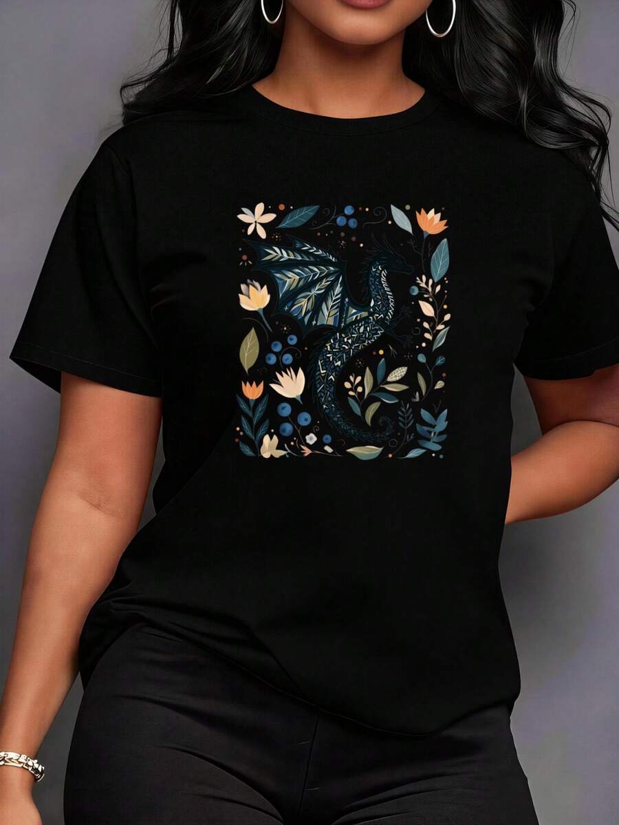 Una camiseta de manga corta para mujer, moderna, a la moda, retro, casual y holgada, adecuada para actividades al aire libre en primavera y verano.Camiseta elegante de manga corta con diseño de flores de dragón, artística, para uso diario casual al aire libre, resistente a la decoloración.| Elegante blusa para mujer|Tops de Moda de Verano para Mujerblusas para mujer,blusas casuales para dama,tops,, mujer premium,y2k,playeras de mujer curvy,ofertas y liquidaciones ropa mujer,playeras deportivas para mujer,,playeras de hombre, mujer,blusas>elegante R6OV - Negro - Ver 1