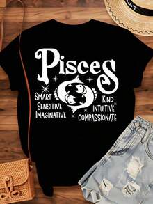 Camiseta con el Signo Zodiacal Piscis, Estilo Urbano Vintage, Unisex, de Algodón 100%, Manga Corta, Cuello Redondo, 220g, para Mujer, Ideal como Regalo de Cumpleaños, Navidad o Vacaciones. - Negro - Ver 4
