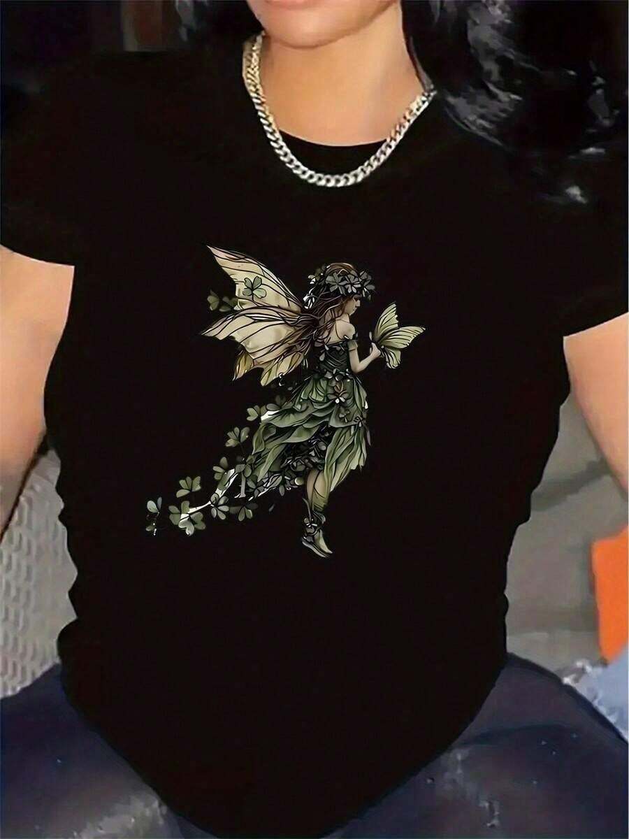 T-shirt única con diseño de hada y mariposa estilo Y2K ideal para amantes de la moda mexicana, perfecta para destacar tu estilo y personalidad, combina comodidad y originalidad en una sola prenda, ¡no te quedes sin la tuya! - Negro - Ver 1