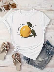 Camiseta Recién Recomendada con Estampado de Limones, Casual para Mujer, para Vacaciones, Manga Corta, Cuello Redondo, Primavera y Verano, Lavable aáquina, Ropa Nueva para Mujer, Versátil para Salidas y Eventos. - Blanco - Ver 6