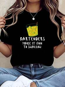 Camiseta de Algodón Estilo Vintage con Estampado de Eslóganes de Lisboa, Camiseta con Estampado Gráfico de Cocteles para Bares, Divertida para Tragarse, Manga Corta Casual para Mujer, Atuendo para Fiesta en el Bar, Regalo para Amantes de las Bebidas, 220g, para Uso Diario en Verano - Negro - Ver 5
