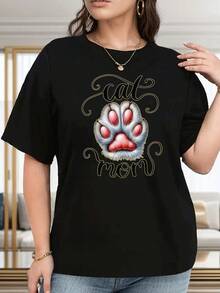 1 camiseta de talla grande para mujer con estampado de "madre de gatos" - Top suave para uso diario con estampado de patitas de gato - Lavable a máquina, regalo para amantes de mascotas, ropa casual para dueños de gatos, diseño elegante y cómodo, fácil de usar, 100% algodón de 180g. - Negro - Ver 11