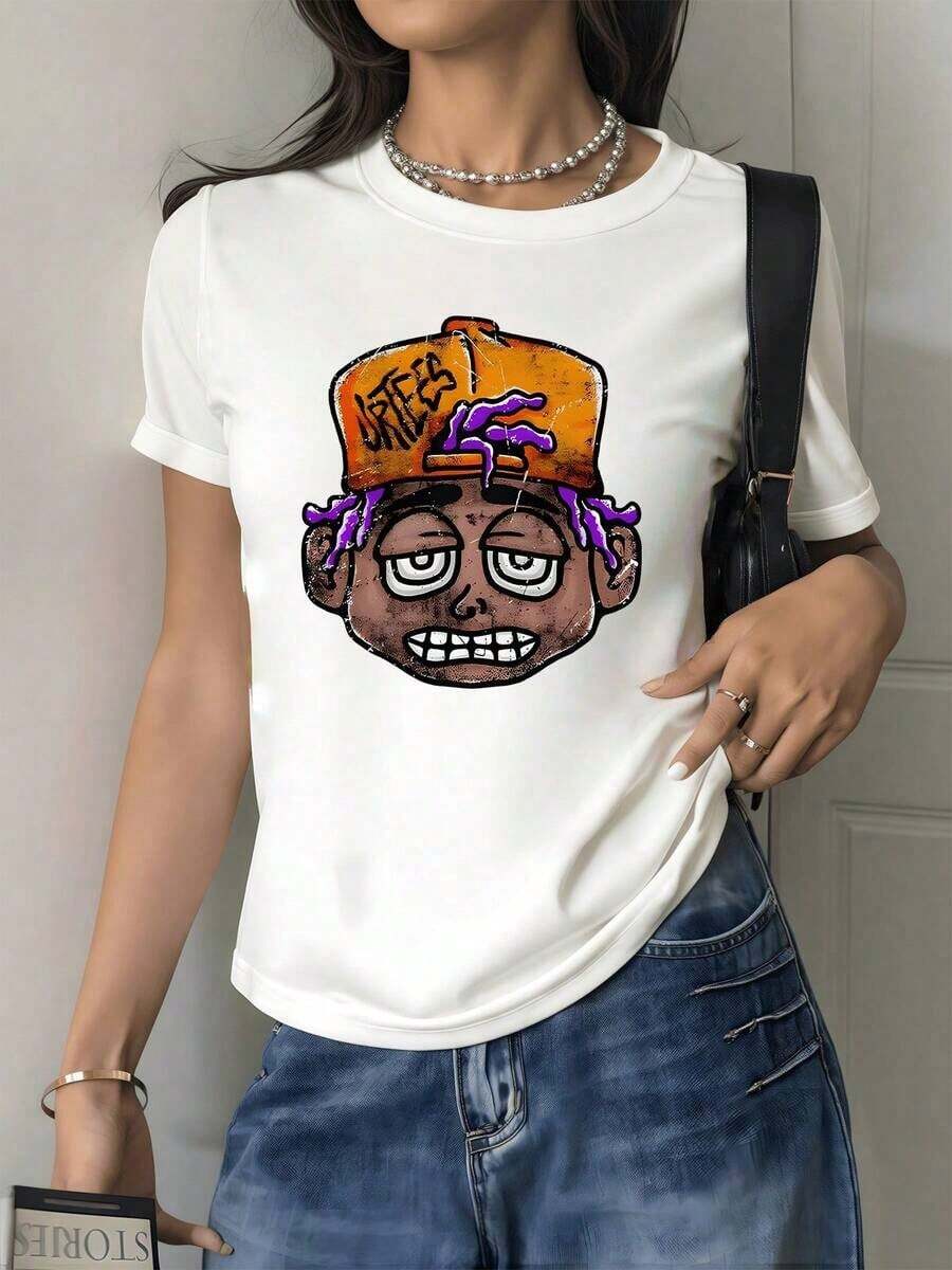 Illustration Of Purple Hands Raising An Orange Cap, Symbolizing Strength, Independence, And A Modern Urban Attitude. Soft And Comfortable Women's T-Shirt, Perfect For Everyday Wear. - 白色的 - 查看 1