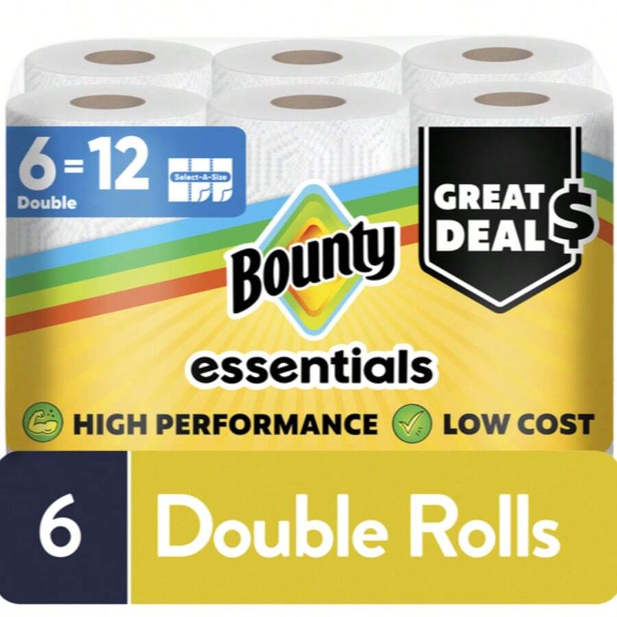 Bounty Essentials Select-A-Size Paper Towels, 6 Count, White, Absorbent Household Cleaning Paper Towels - Roll - View 1