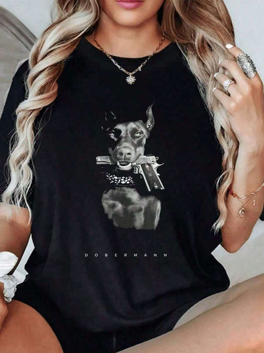 playeras de mujer algodon Camiseta Clásica de Dóberman Pinscher para Mujer, 1 Pieza, 220 Gramos, Estilo Gótico, Camiseta Casual de Cuello Redondo para Mujer con Diseño de Impresión Digital, Camiseta 100% Algodón con Impresión Digital, Más Vendida >ropa - Negro - Ver 1