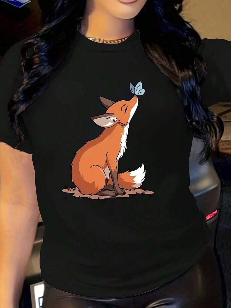 Camiseta Casual de Cuello Redondo para Mujer con Estampado de Zorro y Mariposa, Manga Corta, Tejido de Poliéster Suave, Top de Moda para Todas las Temporadas, Camiseta Informal con Gráfico de Animales Divertidos, Ajuste Cómodo - Estilo Urbano Vintage, Camiseta Unisex de Algodón Holgada de Manga Corta y Cuello Redondo - Negro - Ver 1