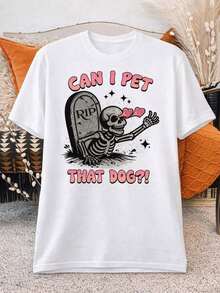 1 pieza Camiseta con estampado de esqueleto de perro para mujer, divertida para amantes de los perros, camiseta de Halloween, top casual de manga corta, 180g, 100% algodón. - Blanco - Ver 1