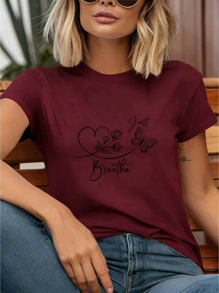 Camiseta de Mujer Estilo Simple Verano 2026 con Estampado "Just Breathe", Estilo Artístico, Cuello Redondo Casual de Manga Corta para Uso Diario ZYEQ - Burdeos - Ver 1
