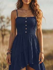 Vestido de mujer de longitud media con cintura ceñida, estilo bohemio casual de vacaciones, parte delantera corta y parte trasera larga - Verde militar - Ver 3