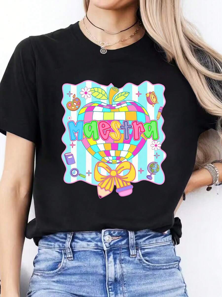 Camiseta Deportiva Casual de Cuello Redondo y Manga Corta con Estampado de Letras para Mujer Primavera/VeranoDaily Casual Round Neck Short Sleeve-Shirt Women - Negro - Ver 1