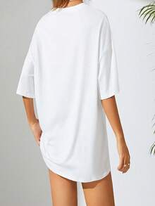 Camiseta de manga corta con cuello redondo para mujer, estilo minimalista premium, nueva colección primavera/verano, con estampados de palmeras tropicales, sol, conchas y estrellas de mar, estilo casual vintage desgastado, ropa de mujer suave y de alta calidad. |   Diseño interesante y único |   Adecuado para ser ecológico - Blanco - Ver 3