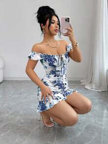 Nuevo 2026  Vestido ajustado de línea A con volantes y estampado de teñido anudado vintage, vestido elegante y sexy con volantes en la cintura al estilo francés, adecuado para citas, vacacio - Gris hierro - Ver 4