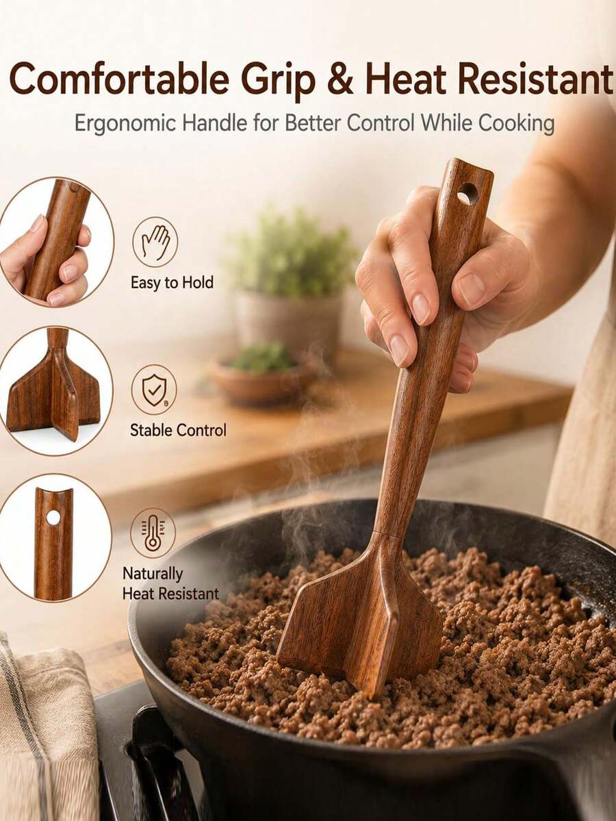 1pc Teak Wooden Meat Chopper, Wooden Ground Beef Masher, Meat Chopper For Ground Beef, Heat-Resistant Non-Scratch Wooden Meat Masher For Hamburger, Beef, Turkey, For Nonstick Cookware Heavy Duty Meat Chopper For Ground Beef For Nonstick Cookware - Multicolor - View 1